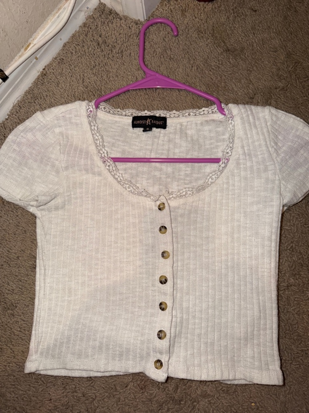 Almost Famous Cream Ribbed Button-Front Crop Top with Lace Trim